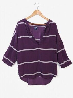 Old Navy Purple Striped Vneck Pleated Sleeve Blouse Womens Size XL Relaxed Fit